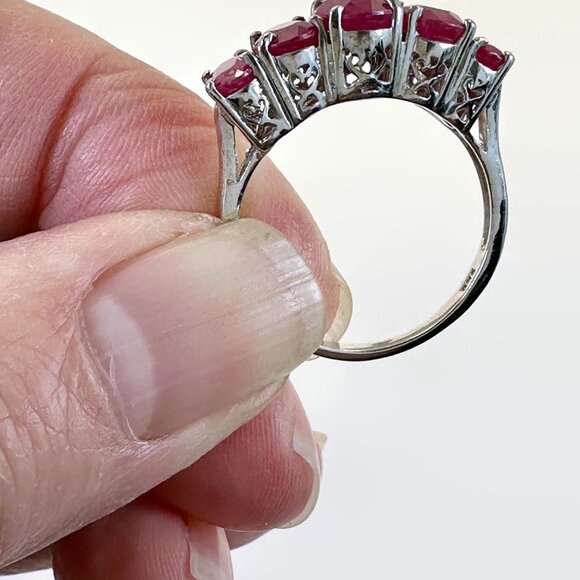 Vintage Ruby Ring Sterling Silver: Ring Band Stackable Red Stone 5 Stone Ring - Picture 4 of 7